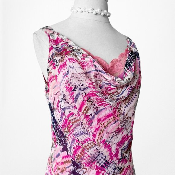 Vintage Pink Silk Lace Detail Asymmetric Hem Cocktail Midi Dress Size S/M - Picture 6 of 9